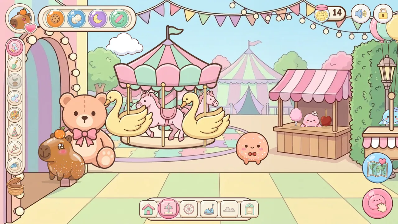 Mimi en el parque de atracciones, con el tiovivo y un Chubi