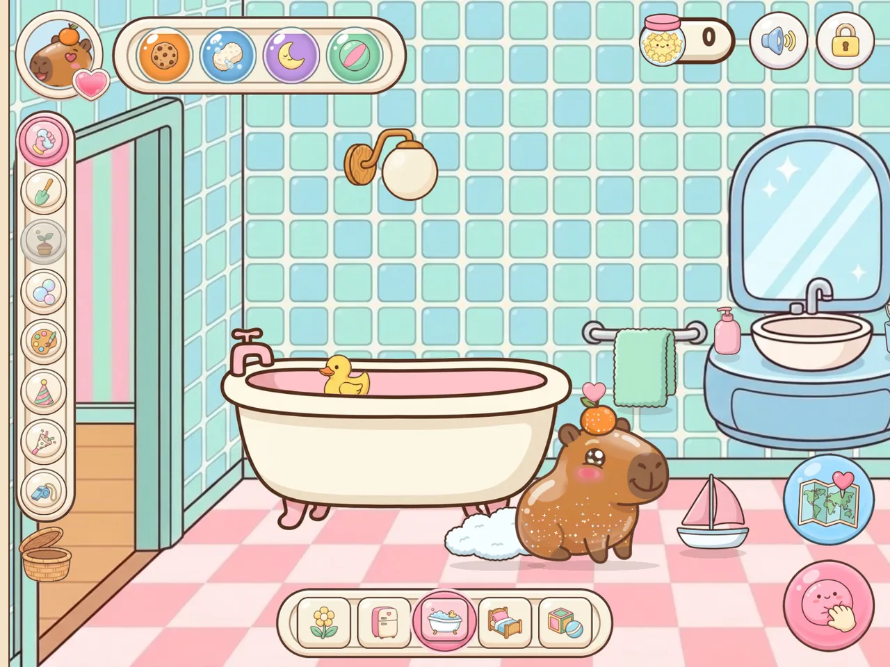 Mimi en el baño, junto a la bañera con espuma