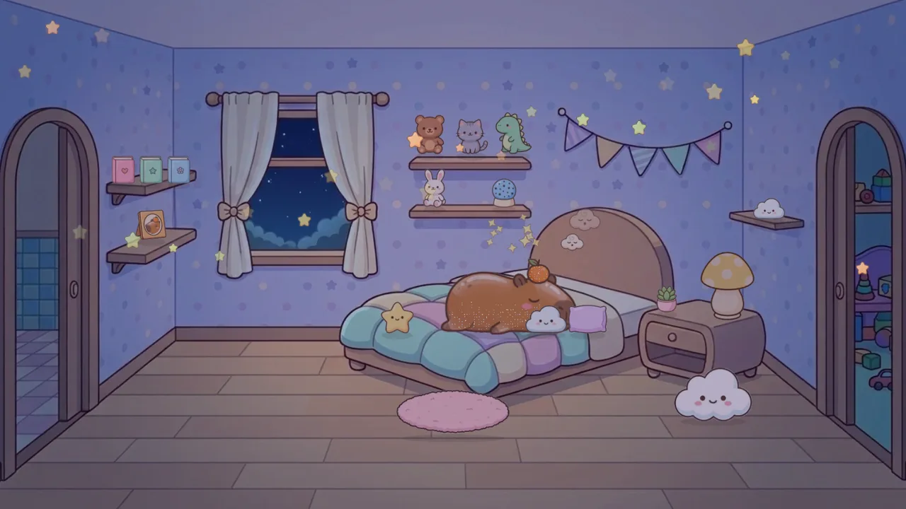 Mimi dormida en su cama, con las estrellas del proyector en la pared