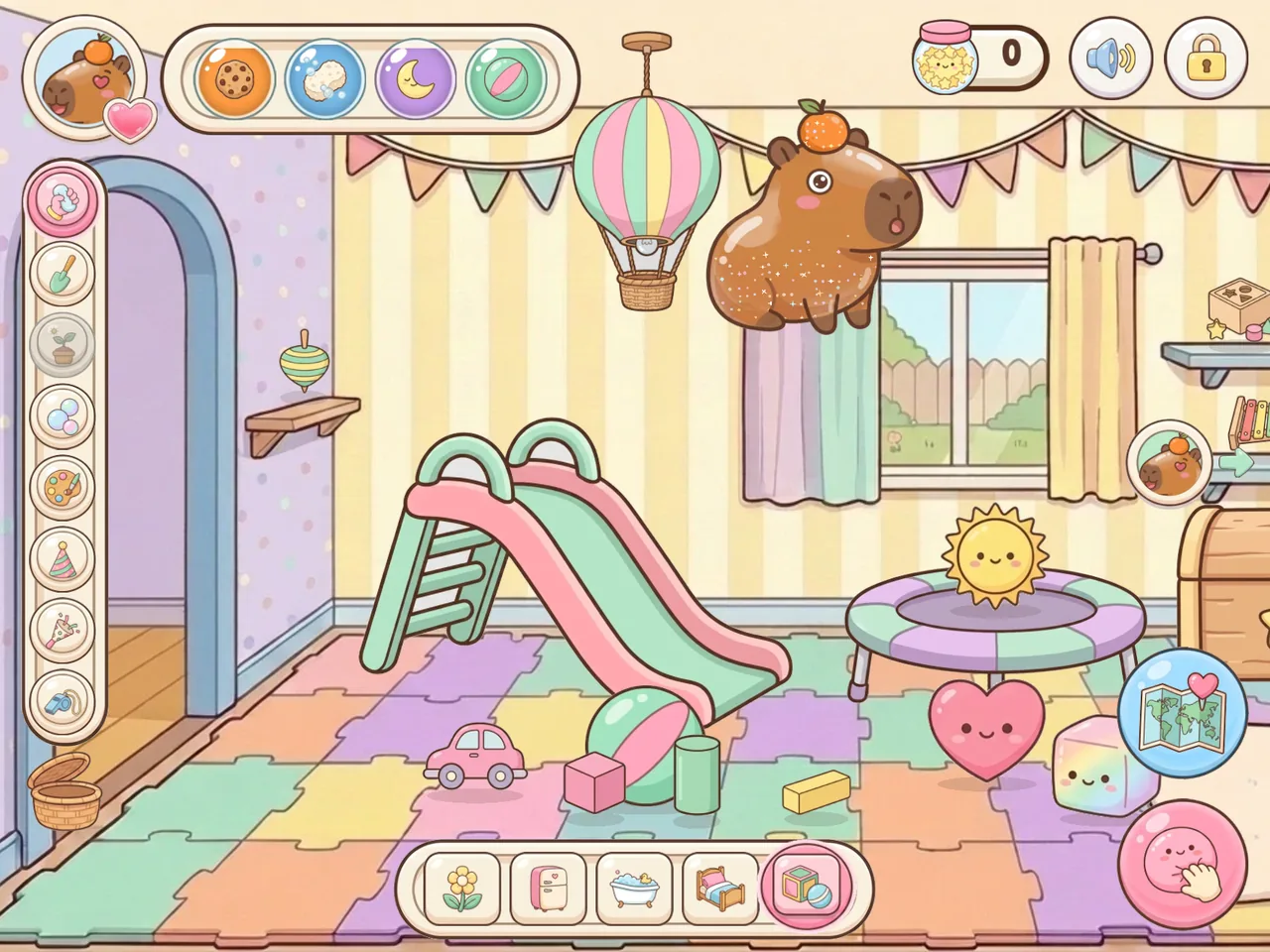 La sala de juegos, con el tobogán y la cama elástica